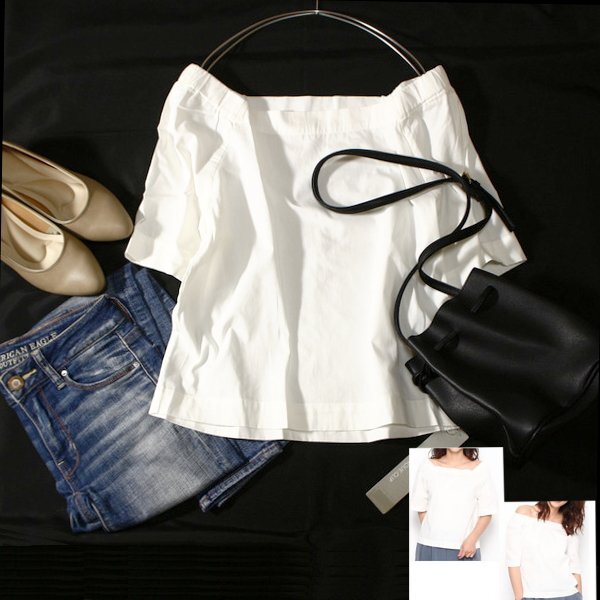 未使用 OPAQUE.CLIP オぺークドットクリップ 綺麗め 2Wayオフショル シャーリングギャザー カットソー 38号 M 春 夏 24C07拍卖