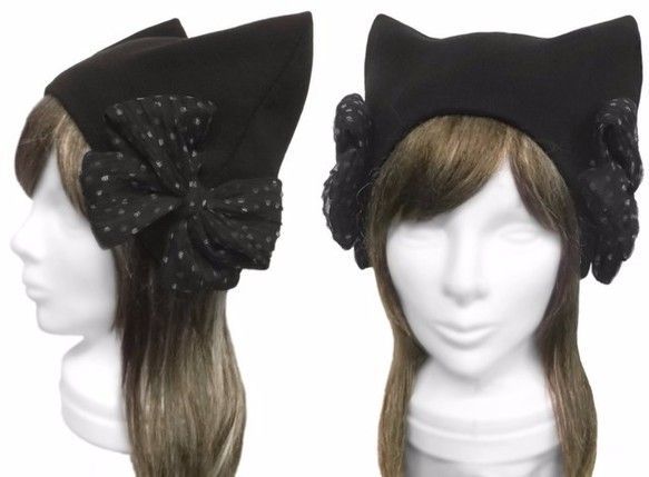 ハンドメイド◆ドット柄シフォンリボン飾り/猫耳帽子◆コットンニット/ブラック拍卖