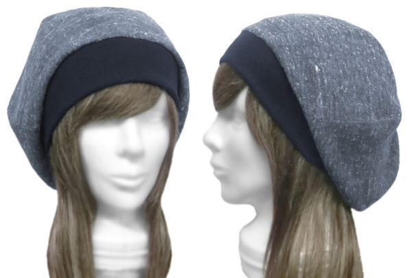 ◇送料無料◇ ハンドメイド◆リブ付ベレー帽◆スラブネップコットンニット/杢ネイビーmix ◇ゆったりサイズ・小顔効果・長いシーズン◇拍卖