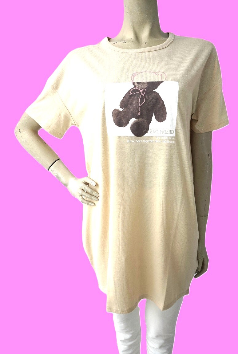 KEITH VALLER teddy bear ベージュ Lサイズ 天竺 ポリエステル65%,綿35% 半袖チュニック コクーンシルエット 新品 キースバリー拍卖