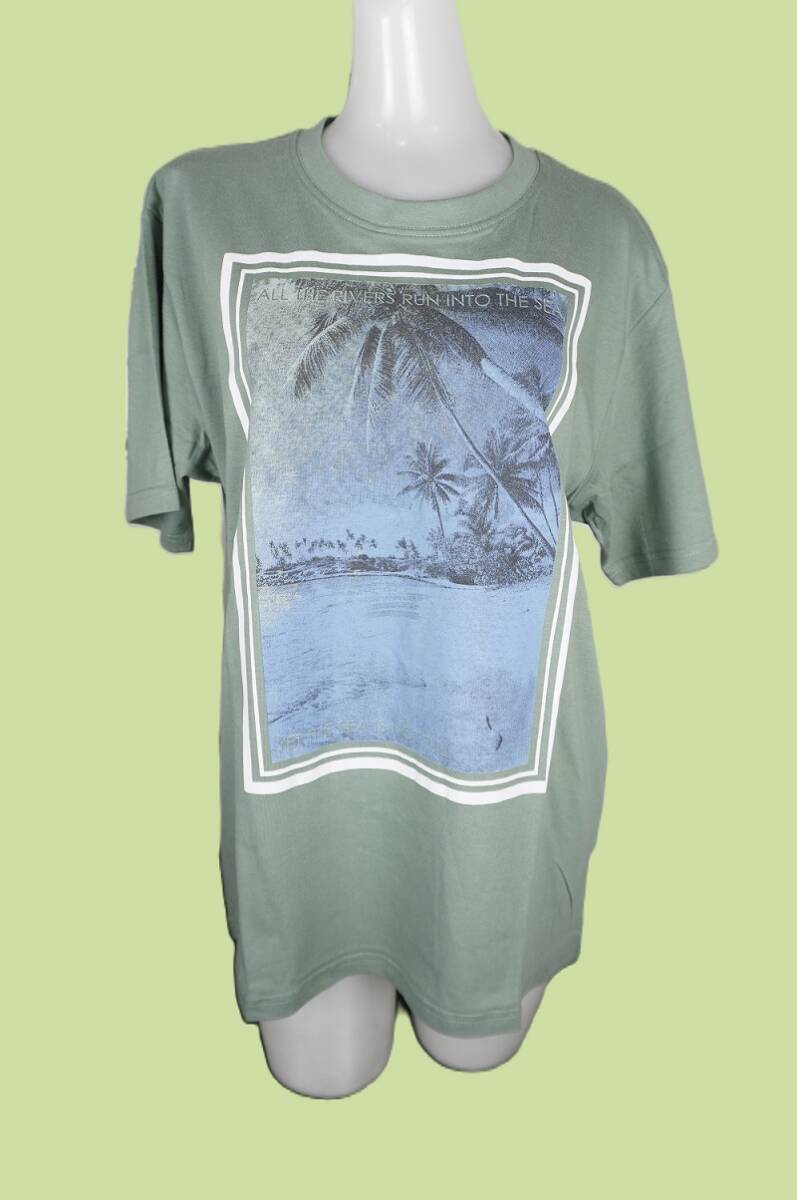 OLD MILLS カーキ 椰子と海プリント Mサイズ 本体:綿100%,リブ部分:綿95%,ポリウレタン5% 半袖Tシャツ 新品拍卖