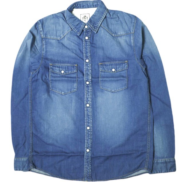 新品 e JEANS イージーンズ 日本製 岡山児島 デニムウエスタンシャツ e105-001 M Mid Blue 長袖 インディゴ 定価31,900円 トップス g17710拍卖
