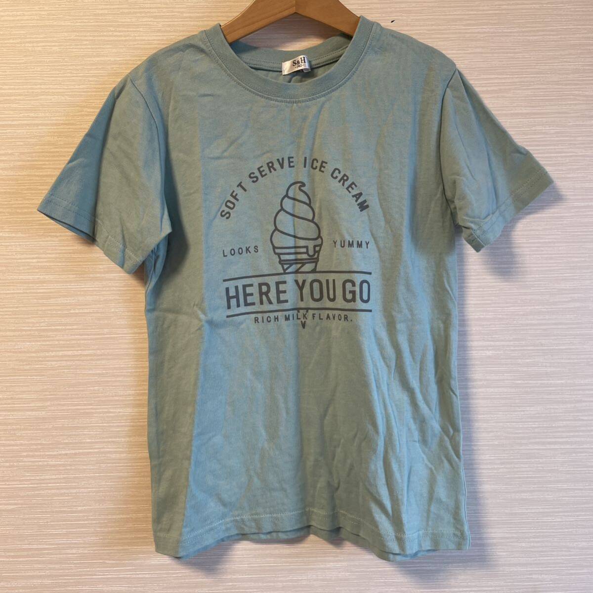 【送料無料】140 Tシャツ くすんだグリーン ソフトクリーム アイスクリーム柄拍卖
