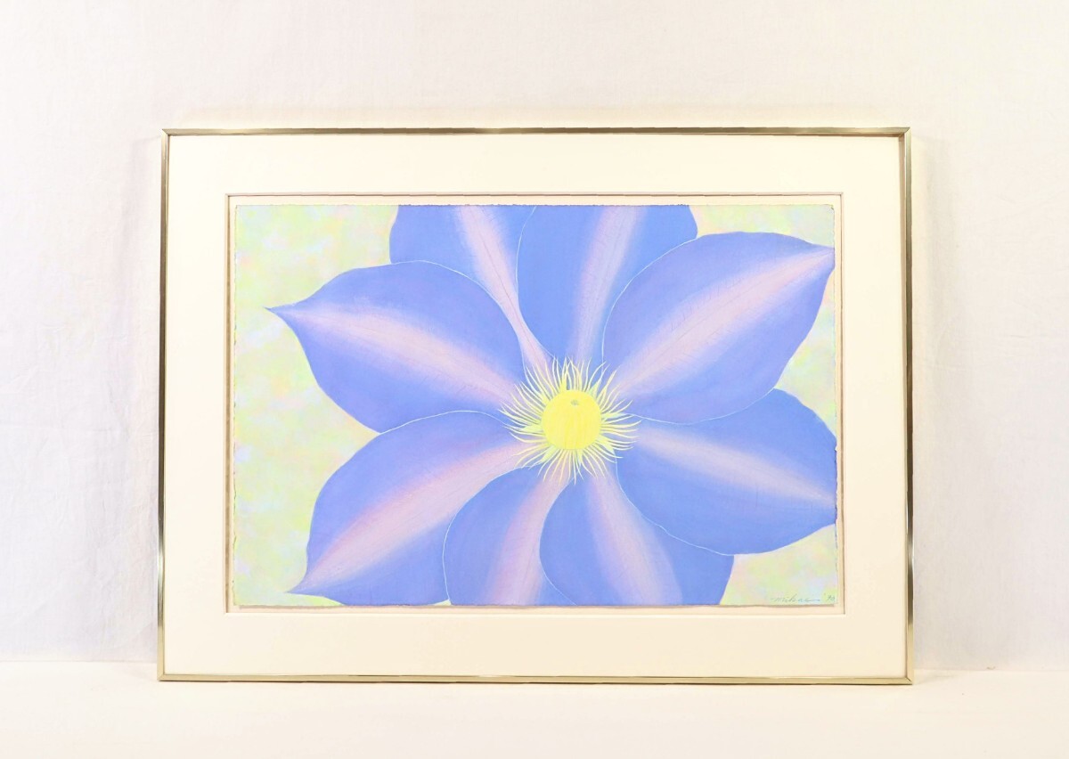 真作 原三佳恵 水彩「Peaceful '90 57-3」画寸56.5×38cm 大阪府出身 大阪芸術大学教授 アートを通して幸せを分かち合う 綺麗な鉄線花 9350拍卖