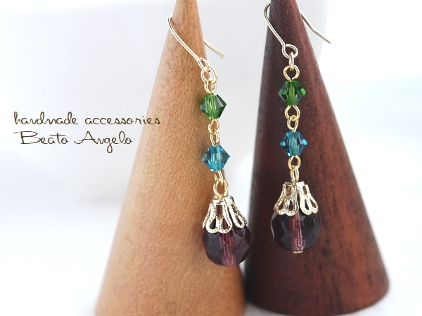 ◆◆+angelo+チェコビーズとスワロフスキーのピアス(p-433)アメジスト G パープル FP001 チタン 樹脂 イヤリング拍卖