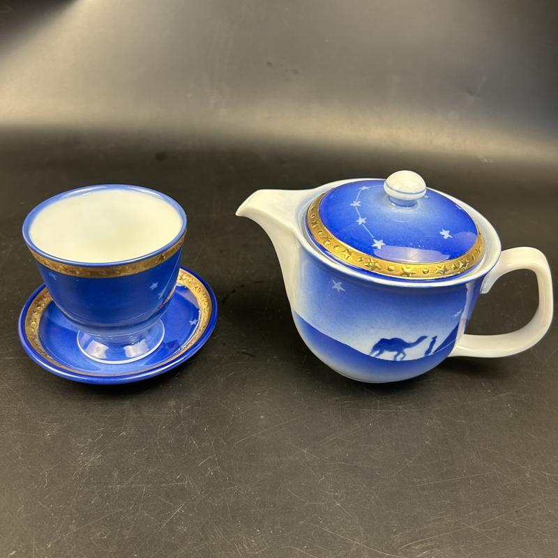ks521 茶器 エジプトロマン 小皿付きポット茶器 瑞陶 陶器 茶道具 5客セット エジプト 星座 アンティーク 未使用品 食器拍卖