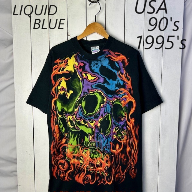 T●345 90s 1995年 USA製 LQUID BLUE ファイヤー ドクロ・スカル両面Tシャツ L 黒 オールド ヴィンテージ リキッドブルー グラフィック拍卖