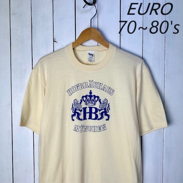 T●360 ユーロ古着 70s~80s 染み込みプリントTシャツ XL M程度 クリーム色 オールド ヴィンテージ ヨーロッパ シングルステッチ拍卖