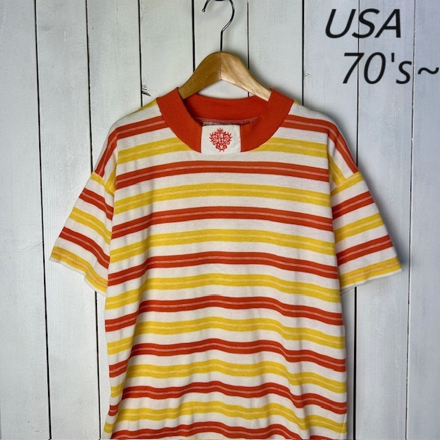 T●361 USA古着 70s~ モックネック メッシュボーダーTシャツ M~L オレンジ系 オールド ヴィンテージ アメリカ古着拍卖