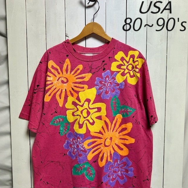 T●366 USA古着 80~90s USA製 ペイント花柄&スプラッシュ ワイドTシャツ L 濃ピンク オールド ヴィンテージ アメリカ古着拍卖