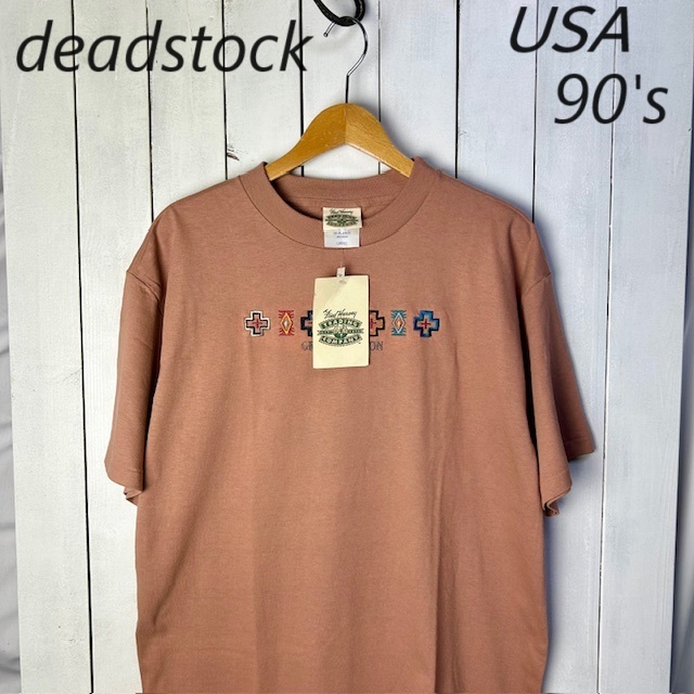 T●370 USA古着 deadstock 90s USA製 グランドキャニオン刺繍Tシャツ L 薄茶 オールド ヴィンテージ アメリカ古着 Fred Harvey拍卖