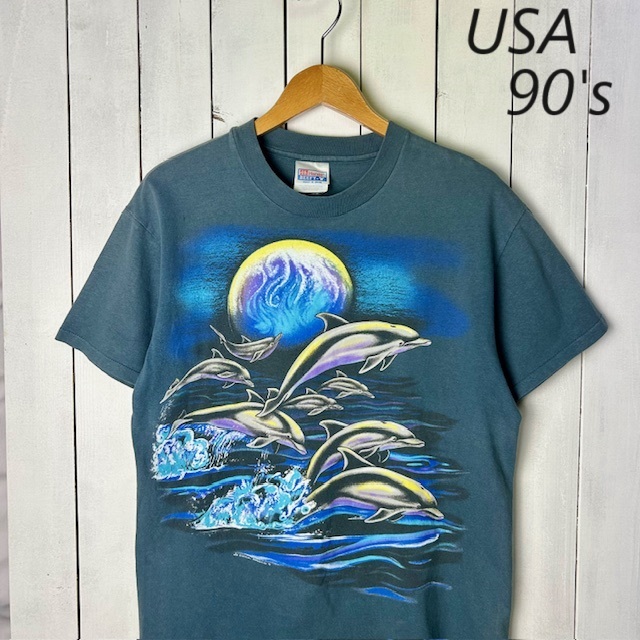 T●376 USA古着 90s 94年 イルカ Tシャツ M 緑グレー オールド ヴィンテージ アメリカ USA製 アニマル柄 動物柄 Hanes シングルステッチ拍卖