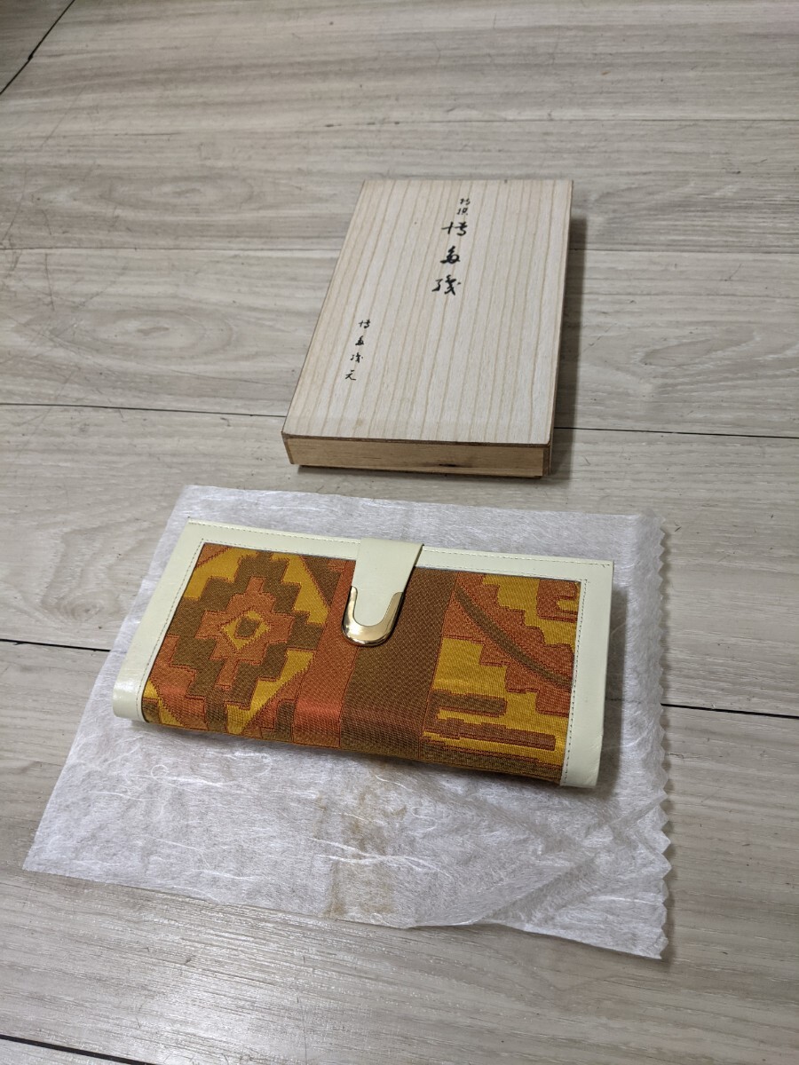 高級博多織 長財布 ウォレット がま口 レザー 布地 絹糸 木箱入り ファッション小物拍卖