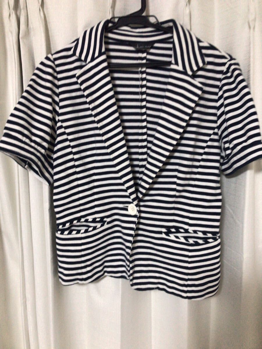 マリンボーダー☆ジャケット☆半袖☆カットソージャケット☆綿☆ボーダー柄☆ポケット付☆白ボタン☆レディースジャケット拍卖
