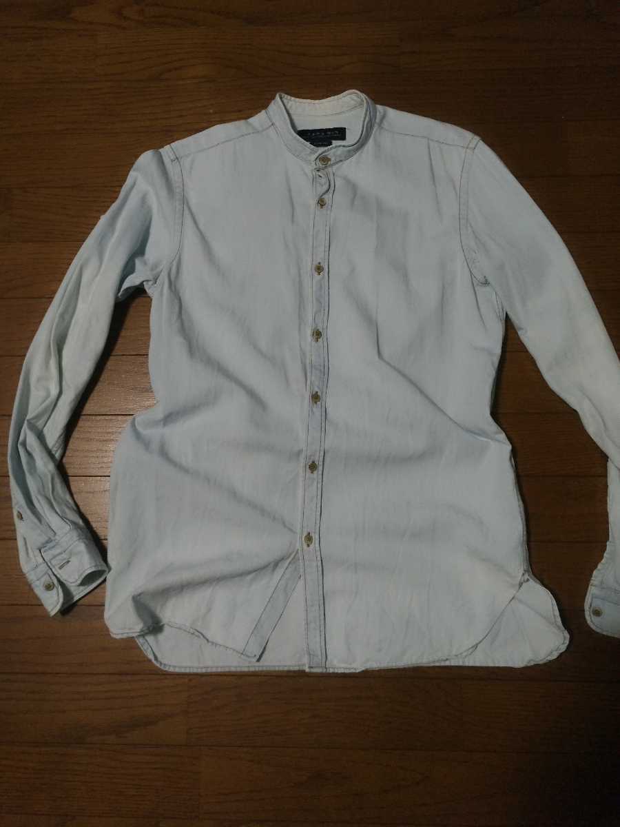 ZARA MAN ザラマン ノーカラー バンドカラー 長袖デニムシャツ EUR S/USA Sサイズ メンズ USEウオッシュ加工拍卖