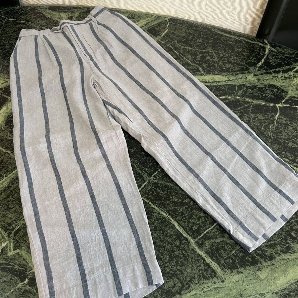 【美品】Loytaa★ロユタ ワイドパンツ フリーサイズ ストライプ 麻×綿 グレー ブルー拍卖
