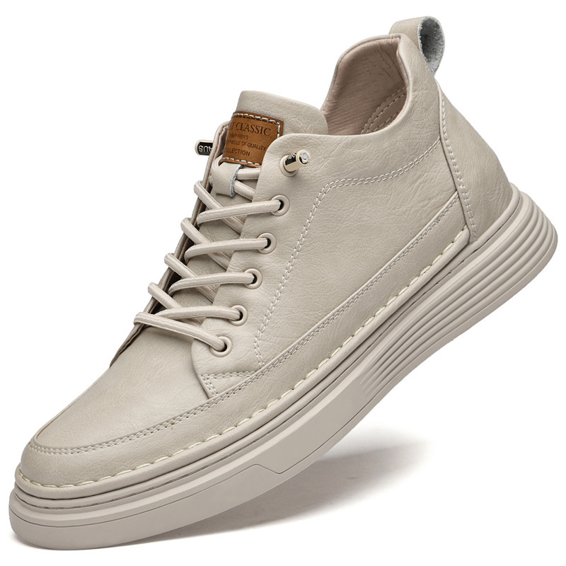 スニーカー 牛革ショートブーツ身長アップ本革レザーシューズ 新品 メンズシューズ 滑り止め 白靴 快適 無地 お洒落 24cm~27.5cm ベージュ拍卖