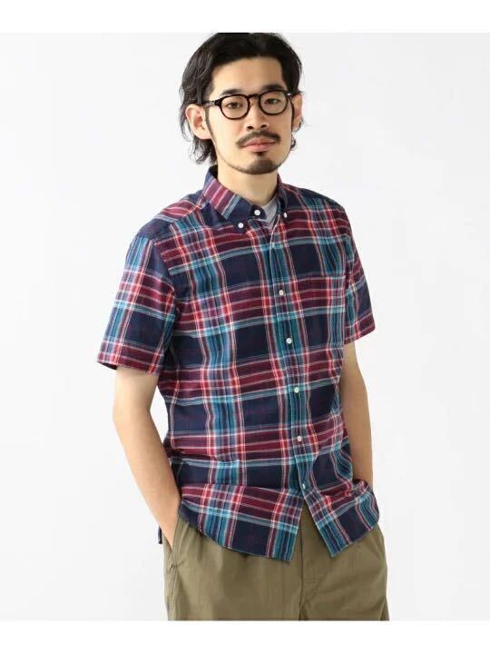 BEAMS PLUS / インディアン マドラスチェック ショートスリーブ ボタンダウン シャツ ネイビーM拍卖
