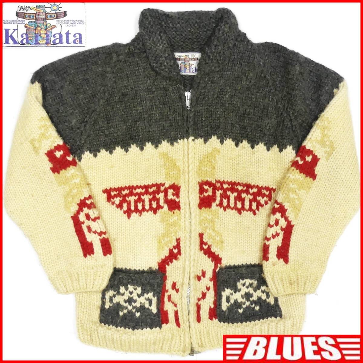即決★カナダ製 KANATA★メンズL位 カウチンセーター カナタ トーテムポール ウールジャケット ジップアップパーカー ニット セーター拍卖