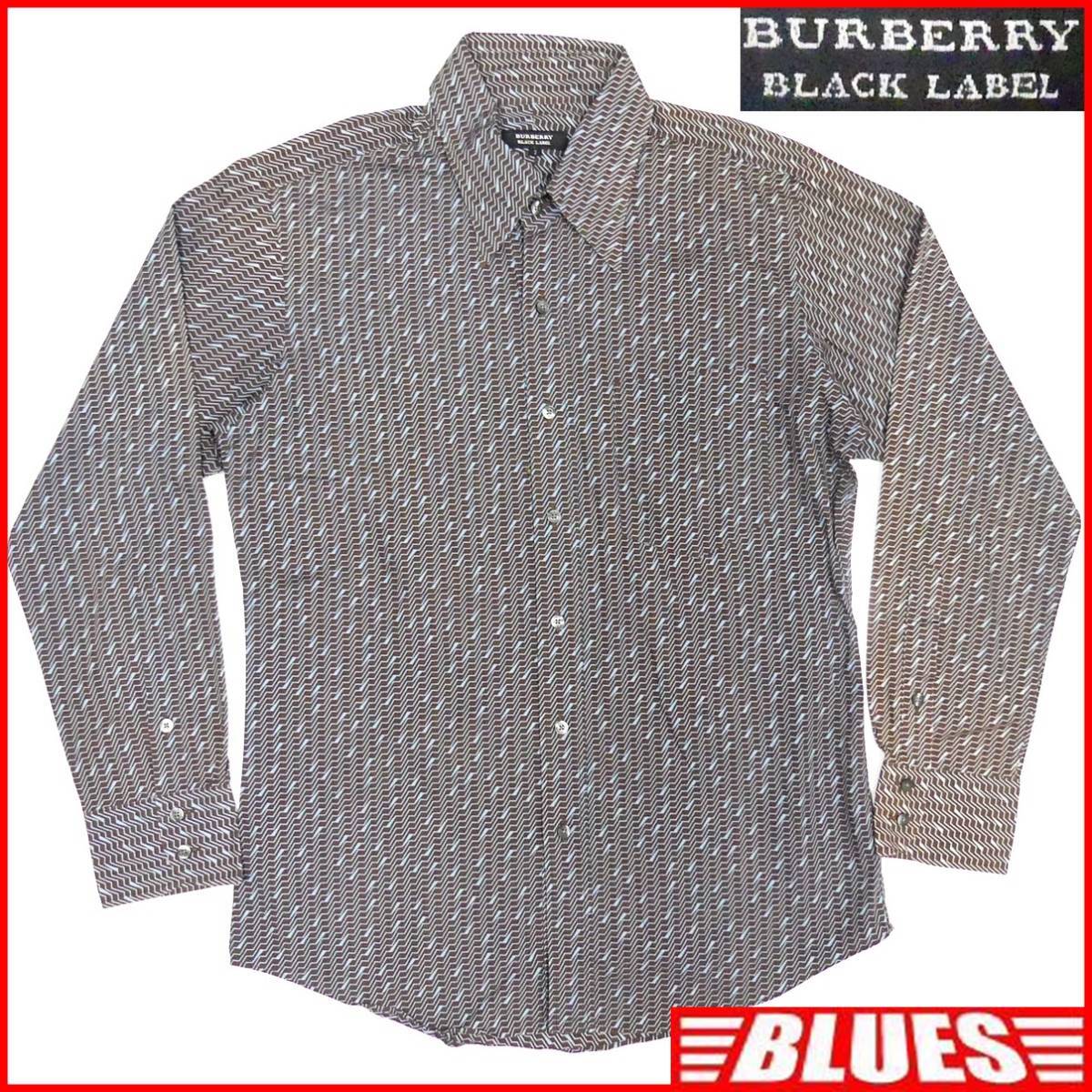 即決★BURBERRY BLACK LABEL★メンズM 廃版 ボタンダウン シャツ バーバリーブラックレーベル 2 茶 水色 総柄 三陽商会正規 長袖シャツ拍卖
