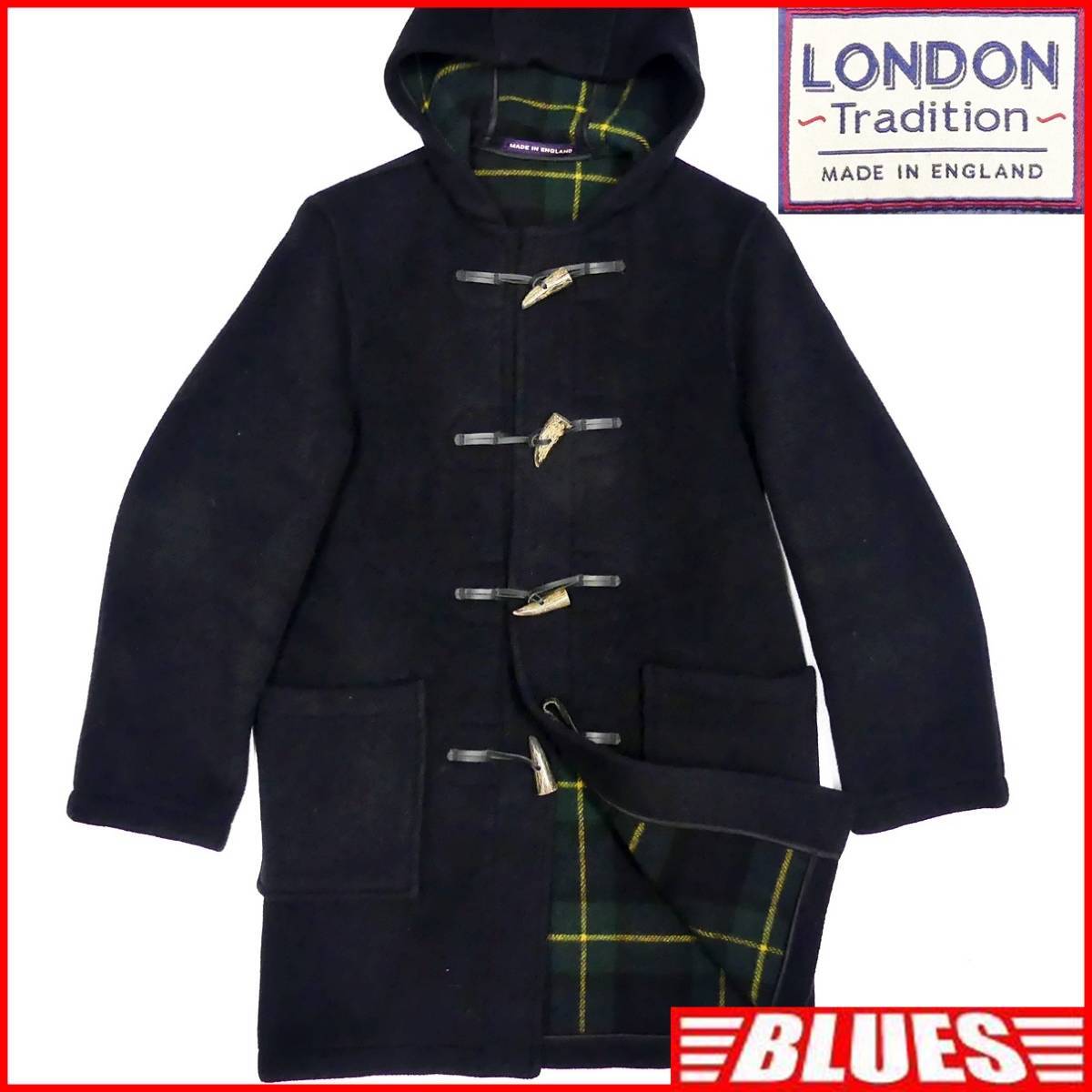 即決★英国製 LONDON Tradition★メンズM ダッフルコート ロンドントラディション 38 ネイビー ロングコート チェック メルトンウール拍卖