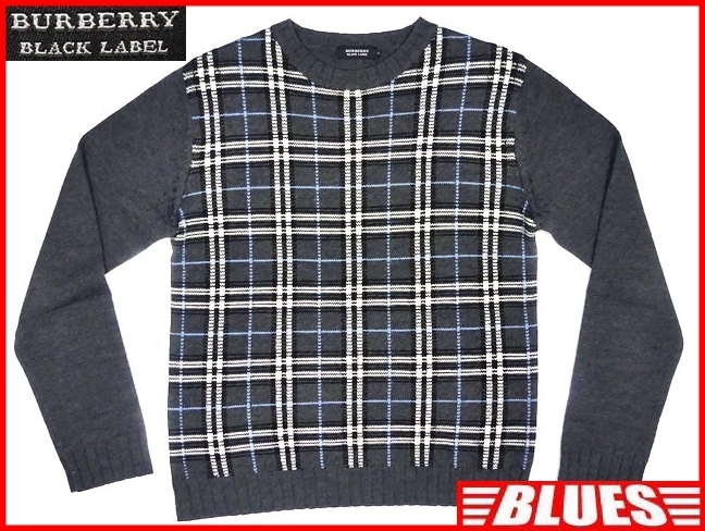 即決★BURBERRY BLACK LABEL★メンズM 廃版 ニットセーター バーバリーブラックレーベル 2 グレー ノバチェック 三陽商会正規 長袖拍卖