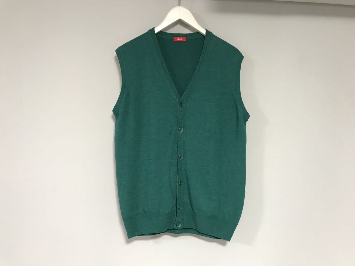 本物アルテアalteaウールニットジレベストカーディガンワークサーフアメカジミリタリーゴルフビジネススーツ緑グリーンイタリア製S拍卖