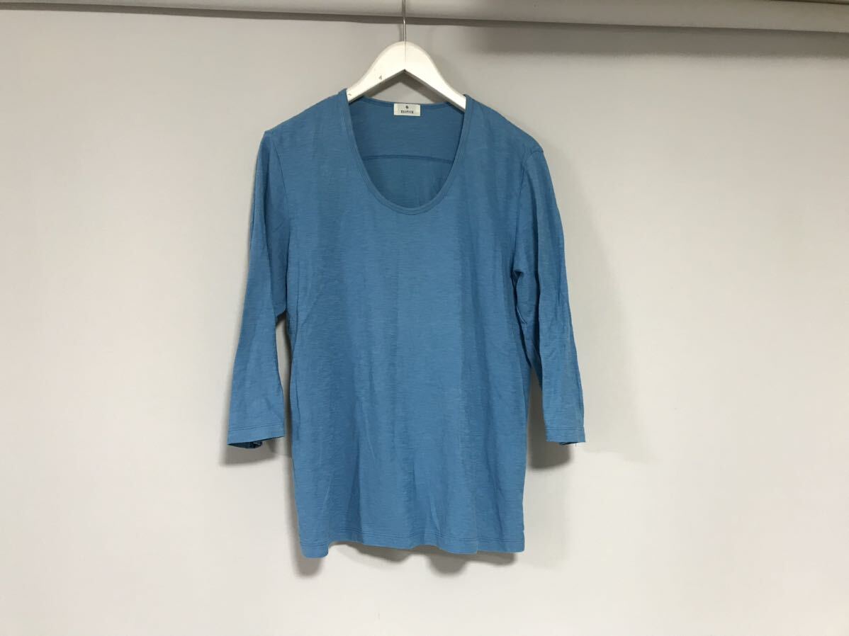 本物エディフィスEDIFICEコットンスラブUネック7部丈長袖TシャツロンTメンズサーフアメカジスーツビジネスモード青ブルー44S日本製拍卖