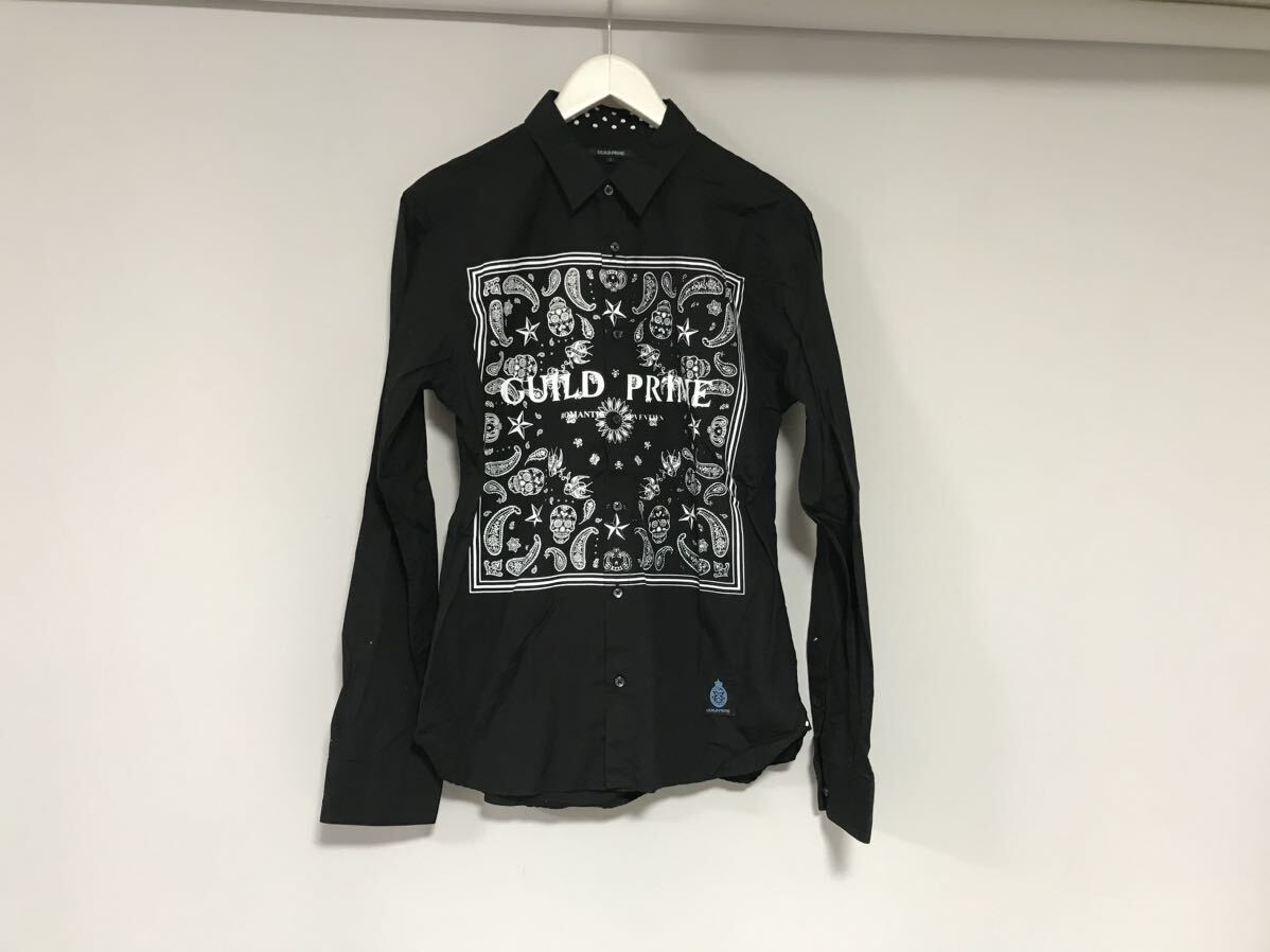 美品本物ギルドプライムGUILDPRIMEコットンロゴプリントドレス長袖シャツメンズサーフアメカジミリタリーワークビジネス黒ブラック2M日本製拍卖