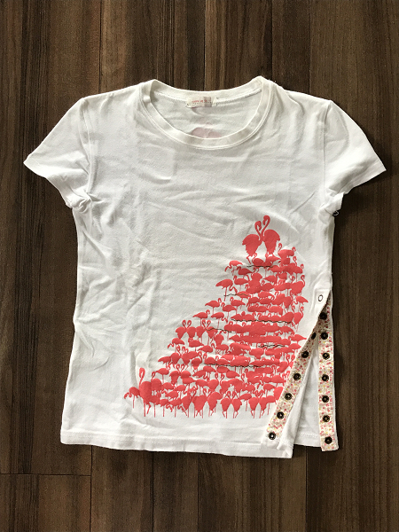 90s 古着 cuddle up to フラミンゴ 鳥 Tシャツ サイド スナップボタン スリット バックプリント キャップ・スリーブ 短い袖 伸縮 M 個性的拍卖