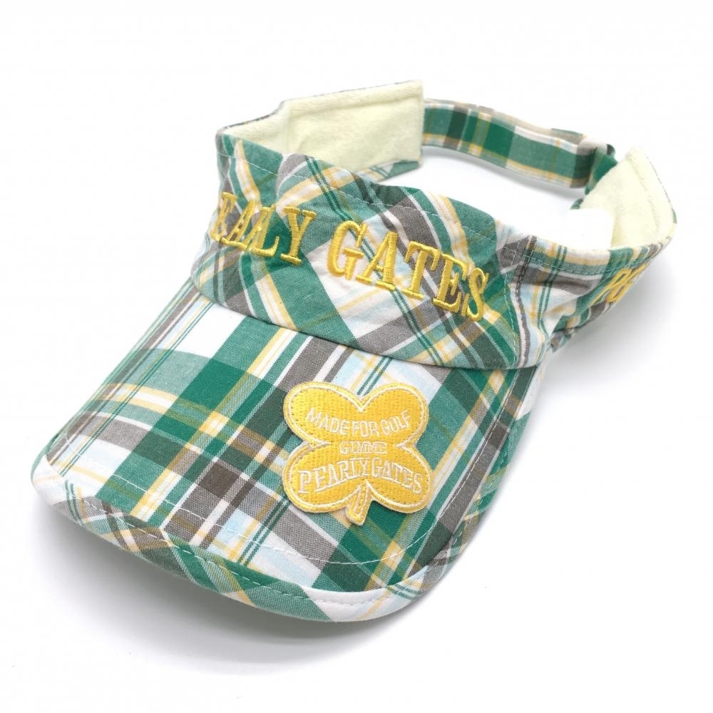 【美品】パーリーゲイツ サンバイザー グリーン×白×イエロー チェック ワッペン ゴルフウェア PEARLY GATES拍卖