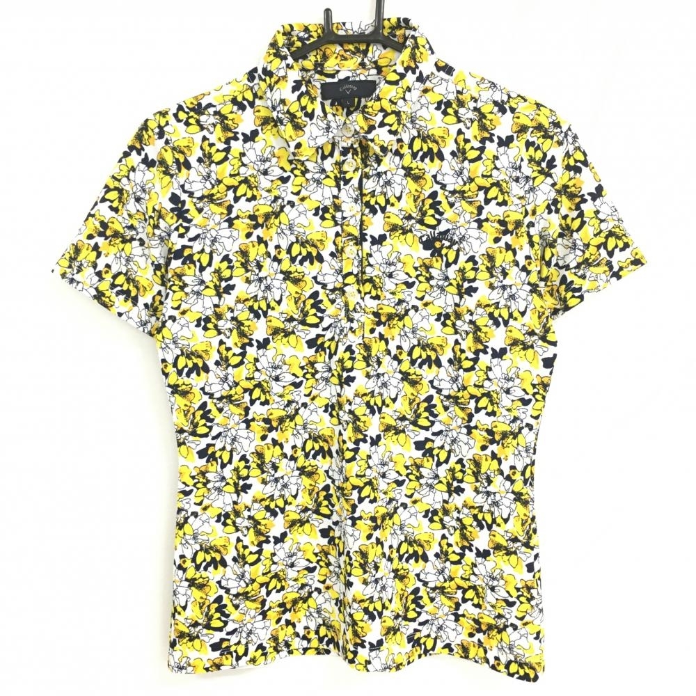 【超美品】キャロウェイ 半袖ポロシャツ 白×イエロー 花柄 レディース L ゴルフウェア Callaway拍卖