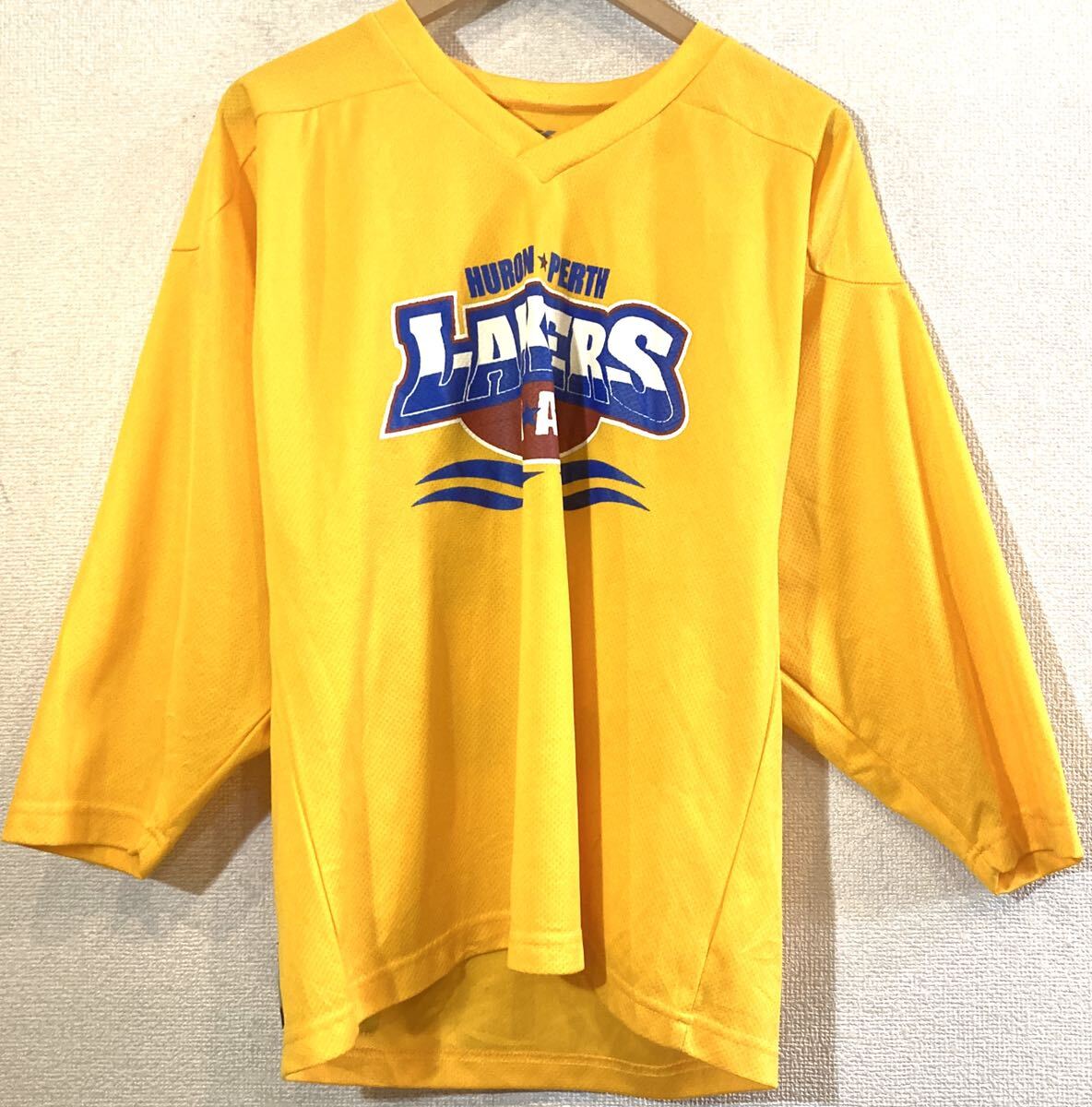 KOBE SPORTSWEAR☆2010'sVINTAGE☆HURON PERTH LAKERS☆ゲームシャツ☆ロングTシャツ☆長袖☆アイスホッケー☆パッチ カナダ ビンテージ 黄拍卖