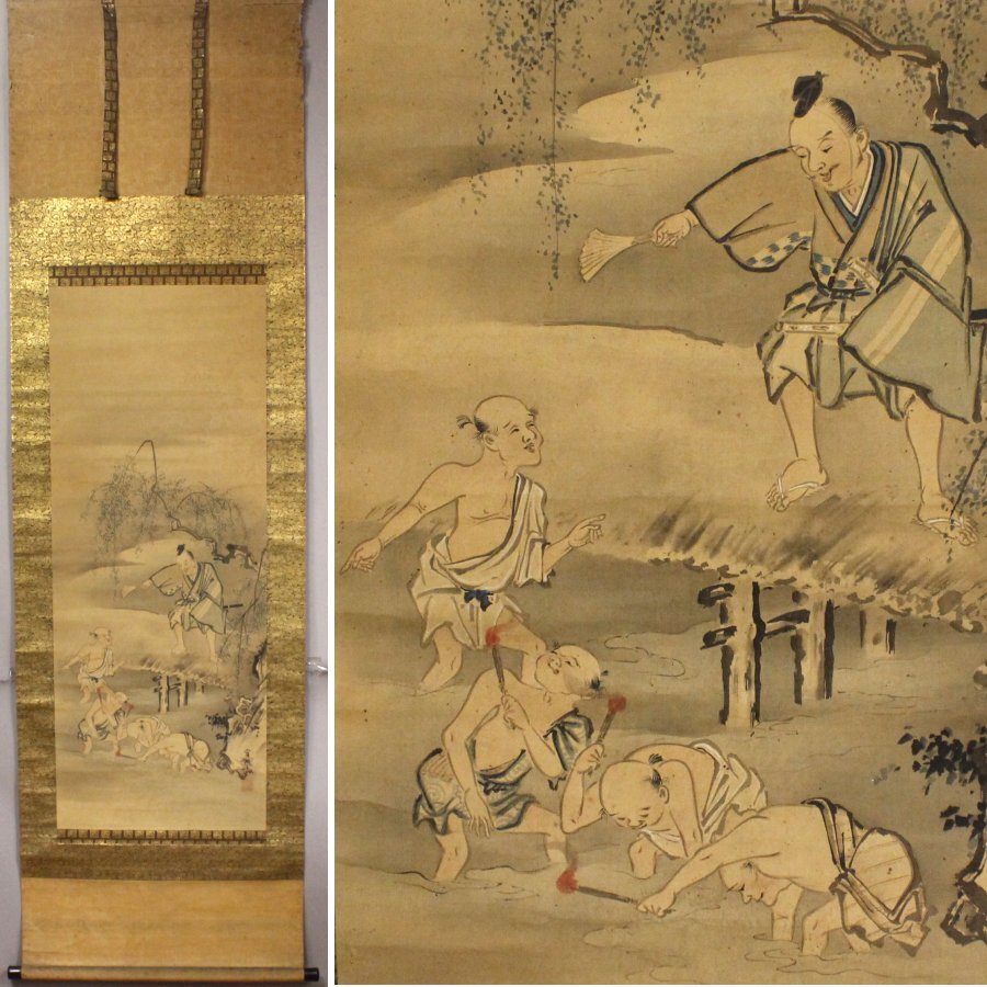 《源》【即決・送料無料】《江戸期・古画》高橋秀圓 筆「滑川・青砥藤綱 探銭図」/箱付拍卖