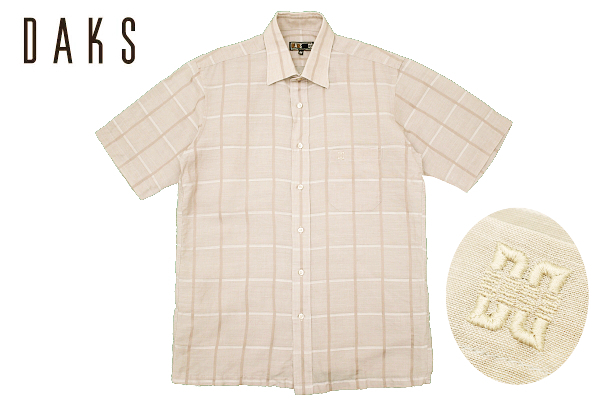 Y-7531★送料無料★美品★DAKS ENGLAND ダックス イングランド★涼しい リネン コットン 茶 チェック ポケットロゴ刺繍 半袖 麻 シャツ M拍卖