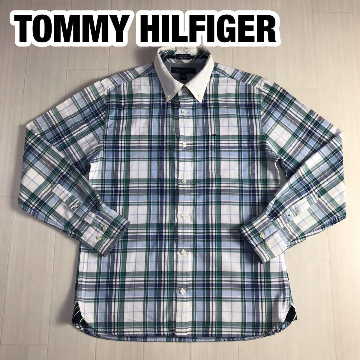 TOMMY HILFIGER トミー ヒルフィガー 長袖シャツ M チェック柄 ブルー×ホワイト×グリーン フラッグタグ 刺繍ロゴ拍卖