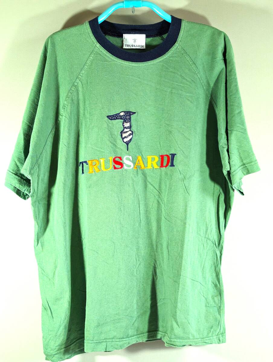 レトロ古着◆Tシャツ TRUSSARDI トラサルディ イタリア製 刺繍ロゴ 3Lサイズ グリーン拍卖