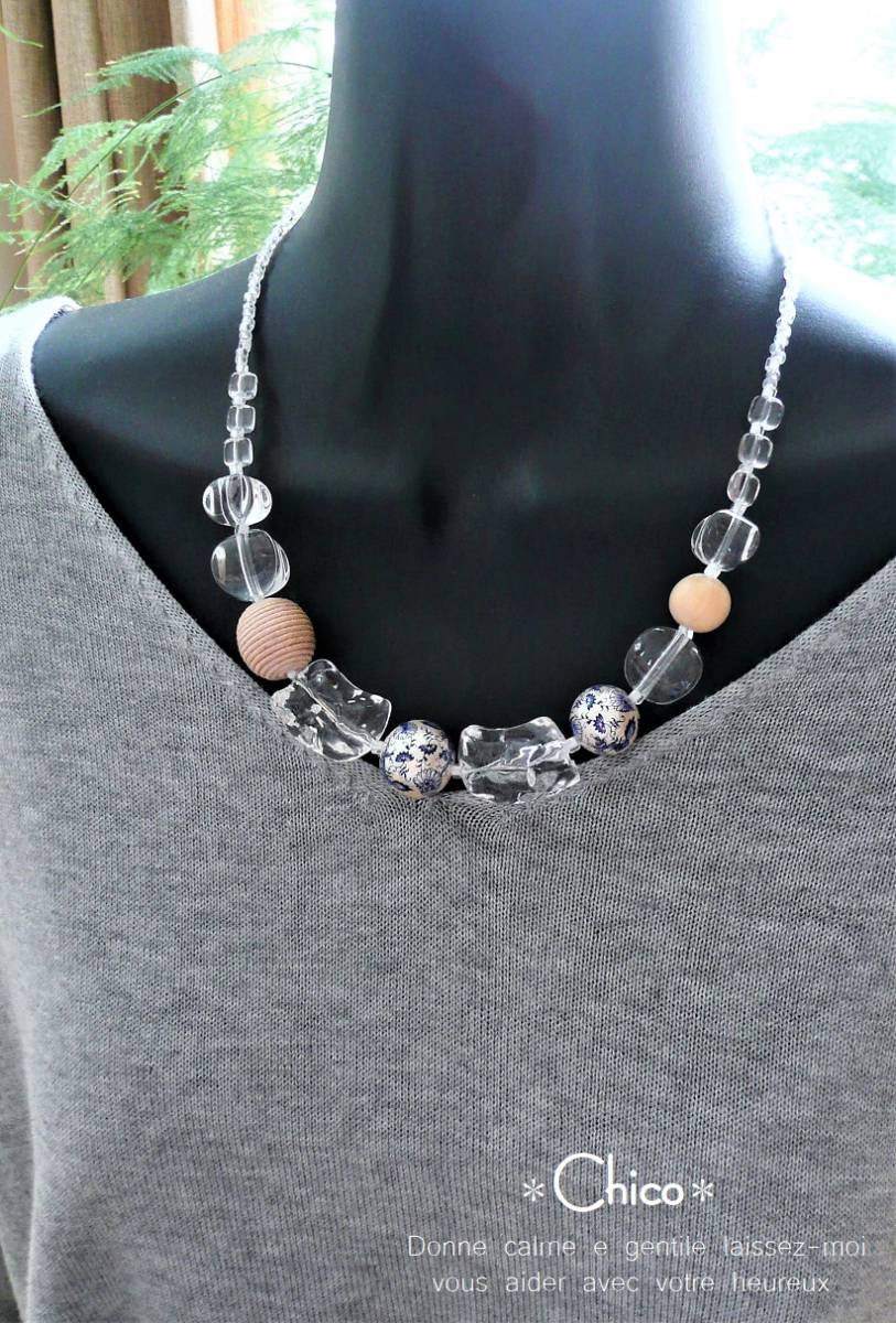 ◆巻ビーズ&アイスロック・アクリルクリスタル・ブルー転写コットンパール ハンドメイドネックレス ♪★2点以上送料無料!★拍卖