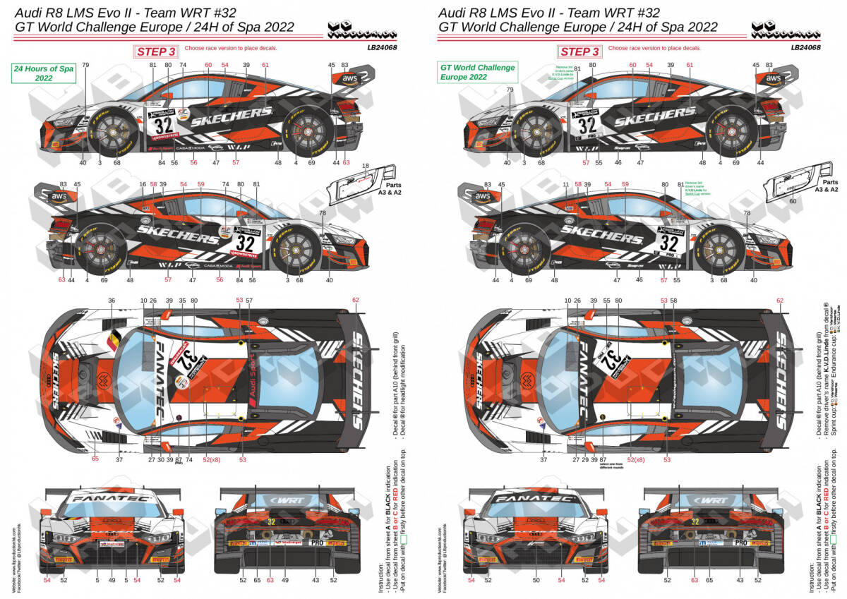 24068 1/24サイズ LB PRODUCTION 製シルクスクリーンデカール Audi R8 LMS Evo2 Team WRT #32 Spa 24h 2022拍卖
