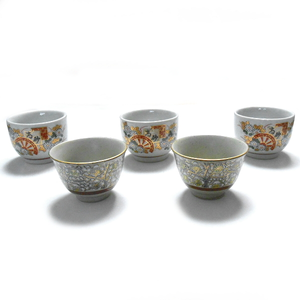 九谷焼★秀明等 湯呑 花文様 花・車文様 2種5客拍卖