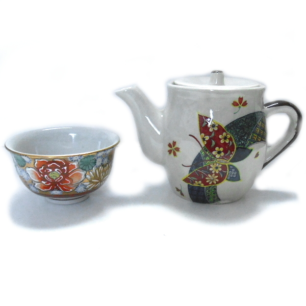 萬宝窯★急須 花・蝶文様 九谷焼 邦泉 湯呑 花詰文様 セット拍卖