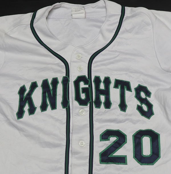 ST8ローリングスROWLINGSアメリカ古着ベースボールTシャツKNIGHTSナイツ38ゲームジャージ白系x黒榮x緑系レタード貼り付け文字オールド拍卖
