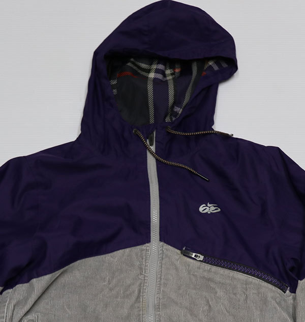 CJ78ナイキNIKE6.0アメリカ古着コーデュロイ ジャケットxナイロン ジャケット切り替えパーカー付きSグレー系x青紫系オールド拍卖