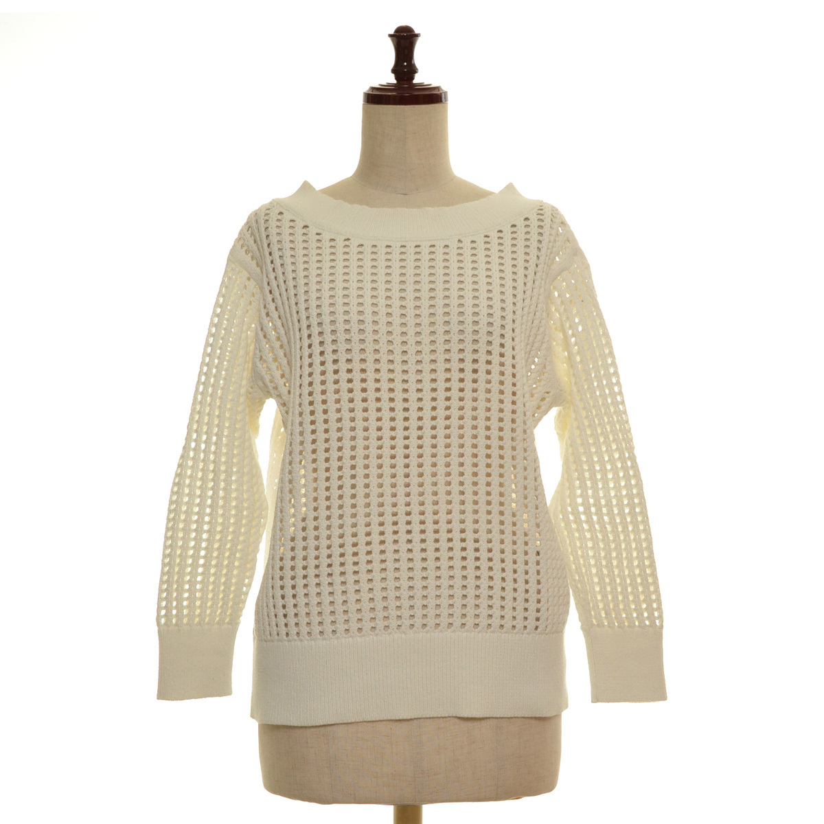 □431308 PLST プラステ ○後ろVネック透かし編みニット オープンステッチボートネックニット サイズM 19ss レディース ホワイト拍卖