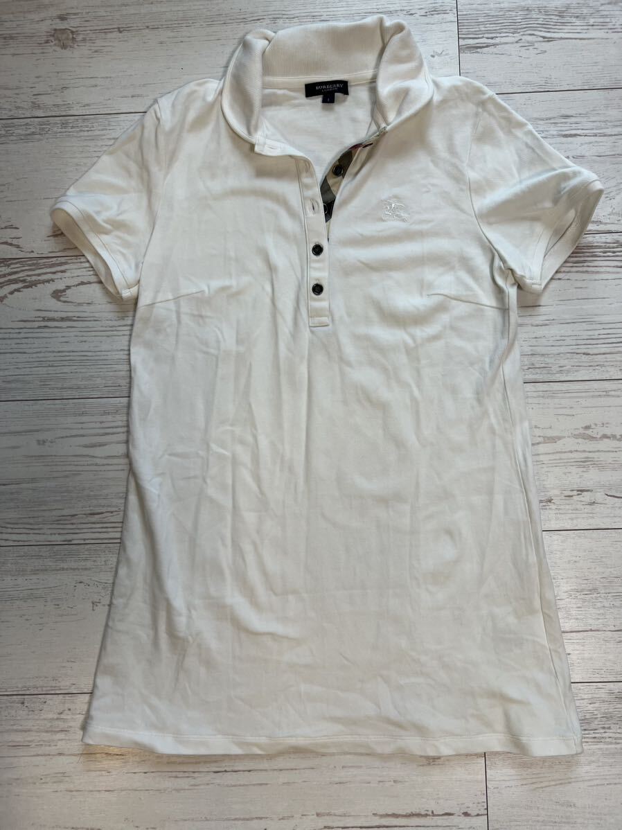 バーバリー ワンポイント部分チェックロングポロシャツ size1 バスト42 丈70 丸っぽい襟です拍卖