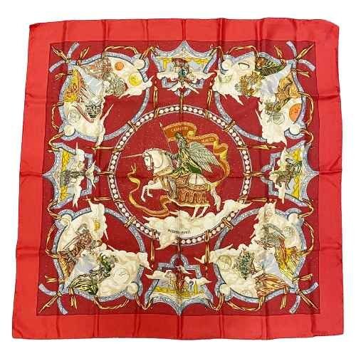 HERMES カレ90 CAVALIERS DES NUACES<服飾雑貨>エルメス 雲の騎士 レディース ブランド スカーフ シルク100% レッド系拍卖