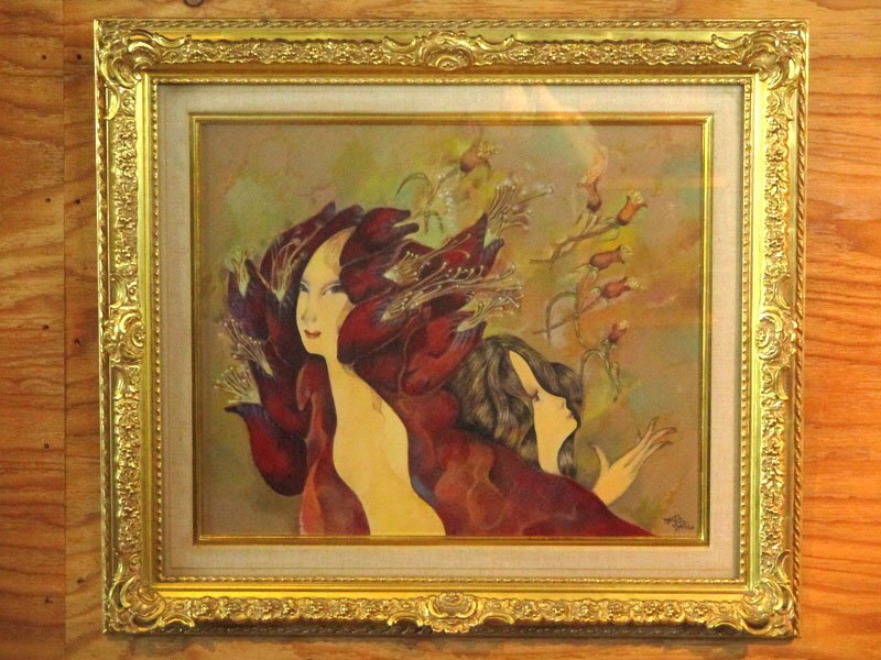 3669T 洋画家 吉田正雄 油彩 人物画 「花と女」共シール 金彩額 額装品 / サイン有 幻想派 美人画 二科会員 茨城県郷土作家拍卖