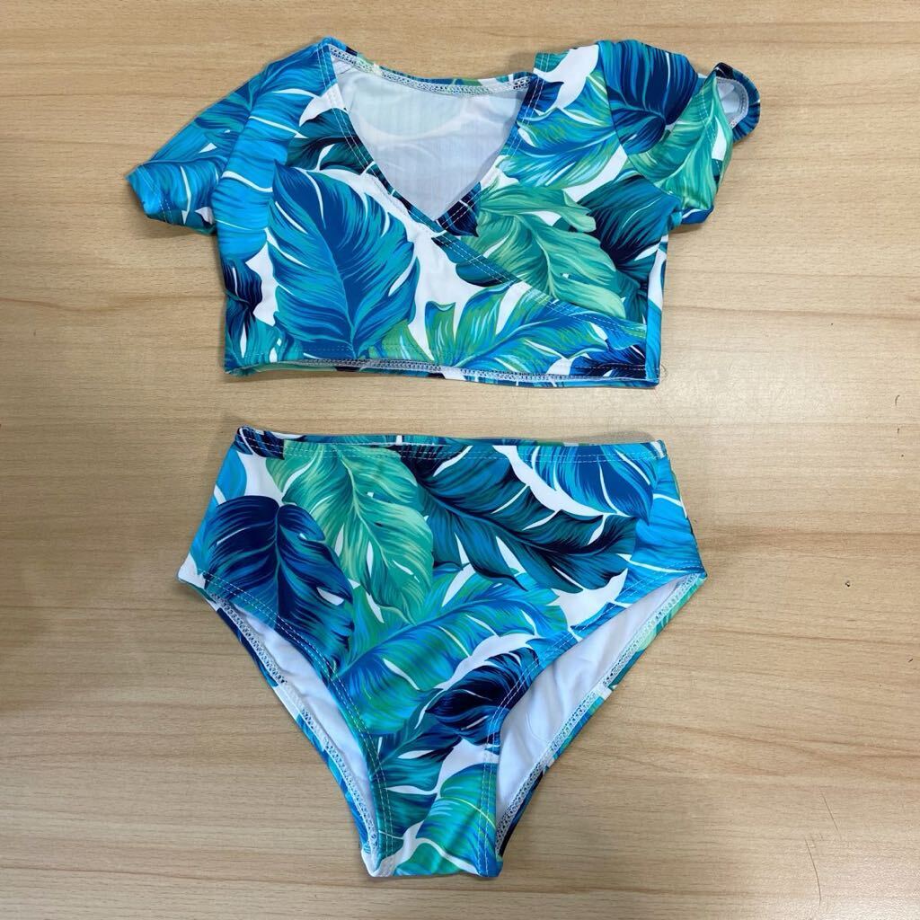 キッズ 水着 ビキニセットスイムウェア リーフ柄 ブルー 120-130サイズ おしゃれ 可愛い 韓国子供服(189)拍卖