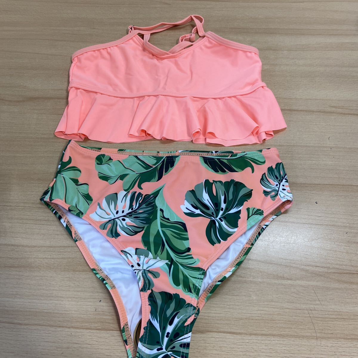 キッズ 水着 ビキニセット スイムウェア リーフ柄 ブルー 130-145サイズ おしゃれ 可愛い 海水浴 プール オレンジ(200)拍卖