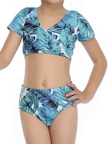 キッズ 水着 ビキニセット スイムウェア リーフ柄 ブルー 100-110サイズ おしゃれ 可愛い 海水浴 プール(198)拍卖